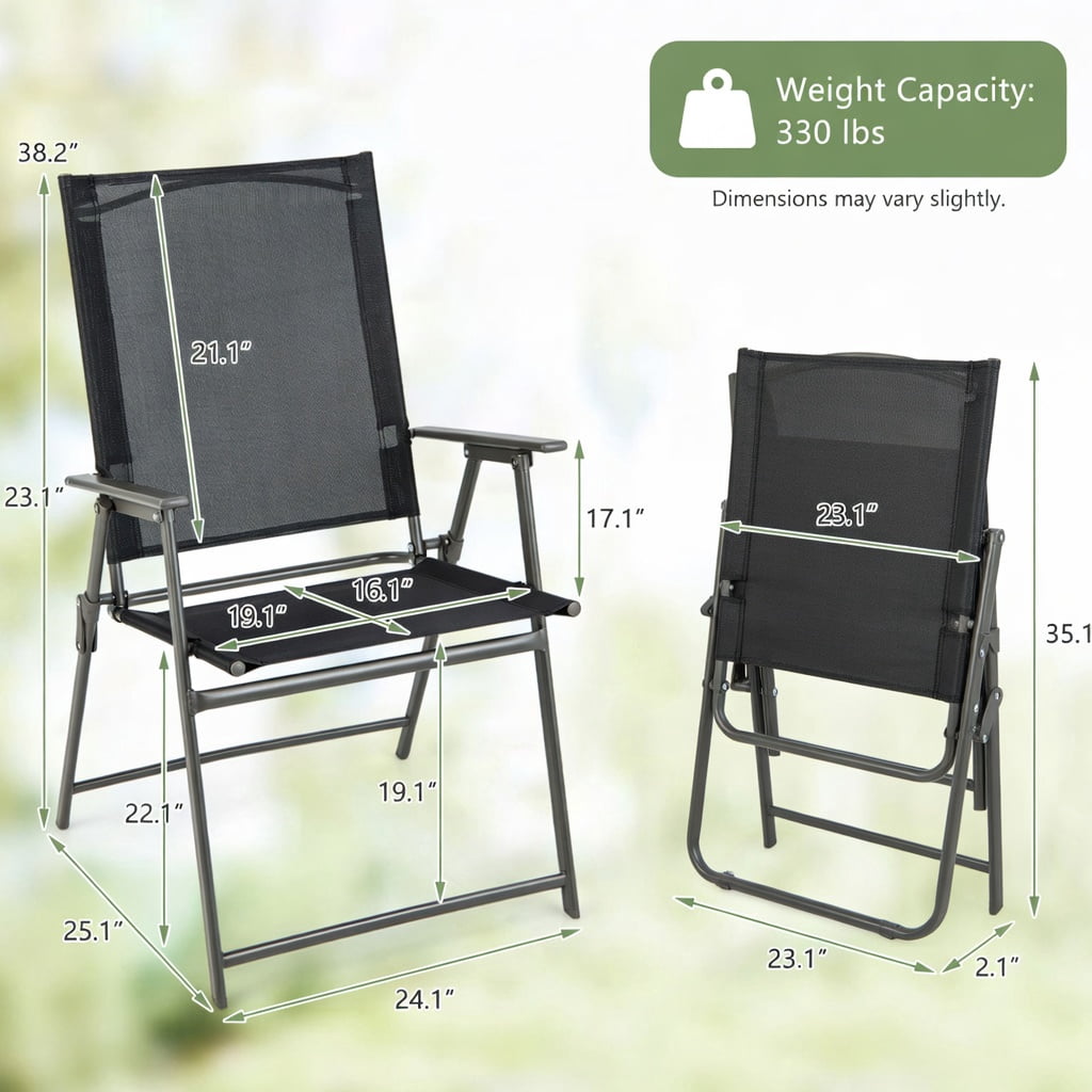 Hommoo 2-Pack Foldable Patio Chairs with Armrests, Heavy-Duty Metal Outdoor Chairs for Deck, Garden, Backyard & Camping, Black