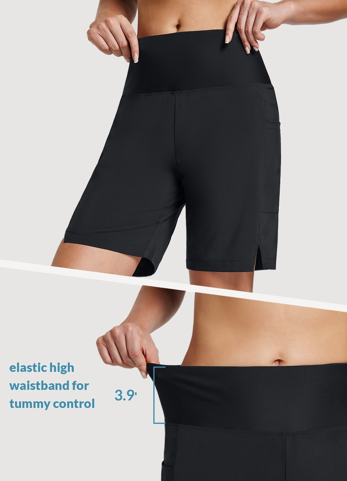 BALEAF Womens Swim Shorts Long 7" High Waisted Quick Dry Board Shorts Beach Shorts for Women with Linner Pockets Black XL