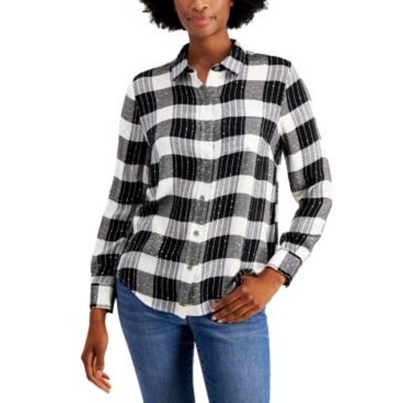 MSRP $55 Style & Co Sparkle Plaid-Print Shirt White Size Small