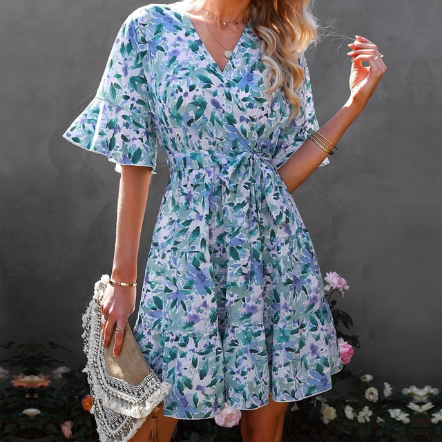 Vestido con estampado floral, escote en V cruzado, vestido corto con escote en V cruzado, vestido con estampado floral con cinturón, calidad en la que puede confiar