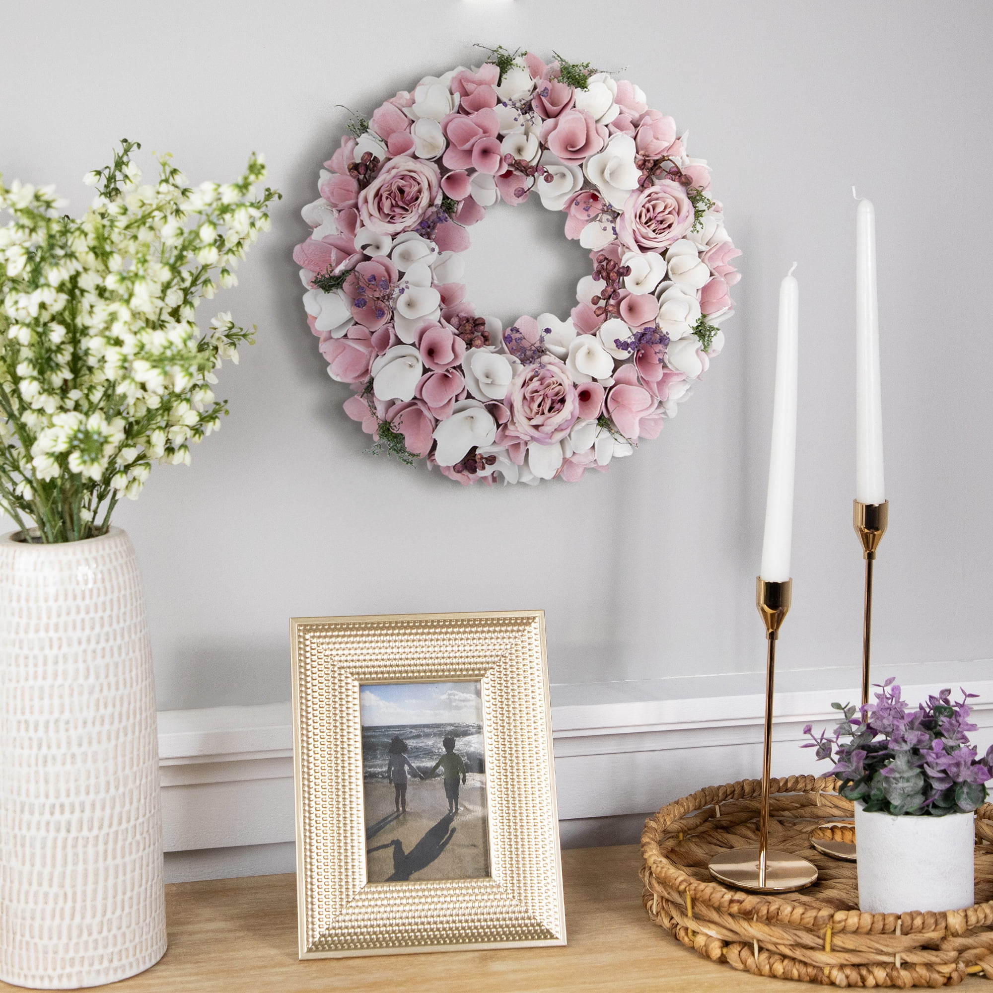 Northlight Wooden Floral Artificial Spring Wreath with Berries - 13.5" - Pink and White