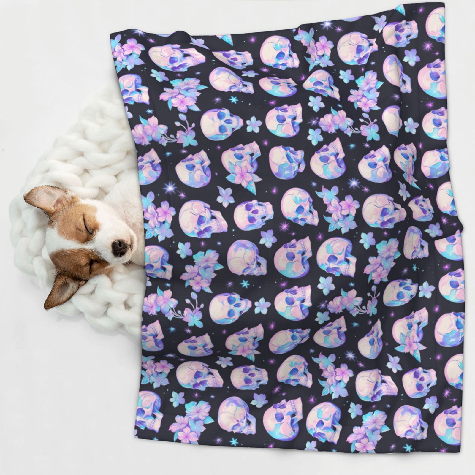 Naloa crystal flower Skull Dog Blanket, 3 Sizes Cat Blanket for Indoor Cats Large Medium Small Dog Gifts-Small