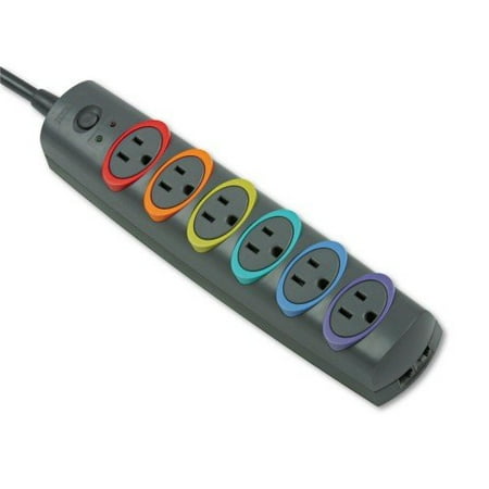 

Kensington SmartSockets Color-Coded Strip Surge Protector 6 AC Outlets 8 ft Cord 1 260 J Black (62144)