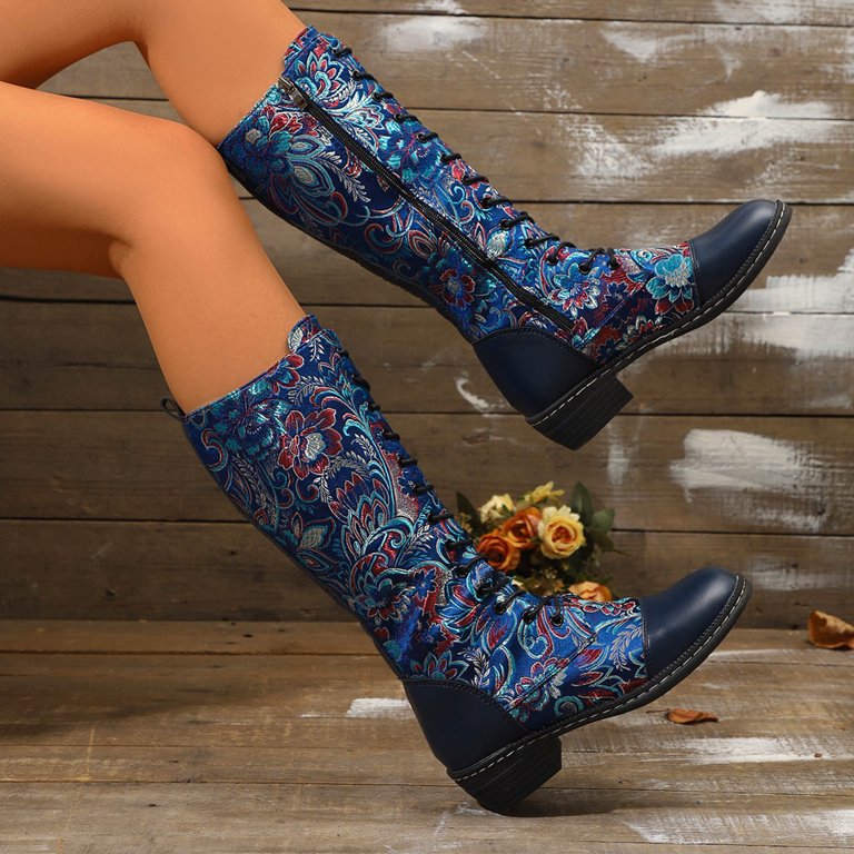 Oyedens Vintage Embroidered Mid Calf Combat Boots for Women 2025 Retro Leather Low Heel Knee High Tall Dress Boots Blue Size 8.5, Women's Oyedens Vintage Embroidered Mid Calf Combat Boots for Women 2025 Retro Leather Low Heel Knee High Tall Dress Boots Blue Size 8.5, Women's