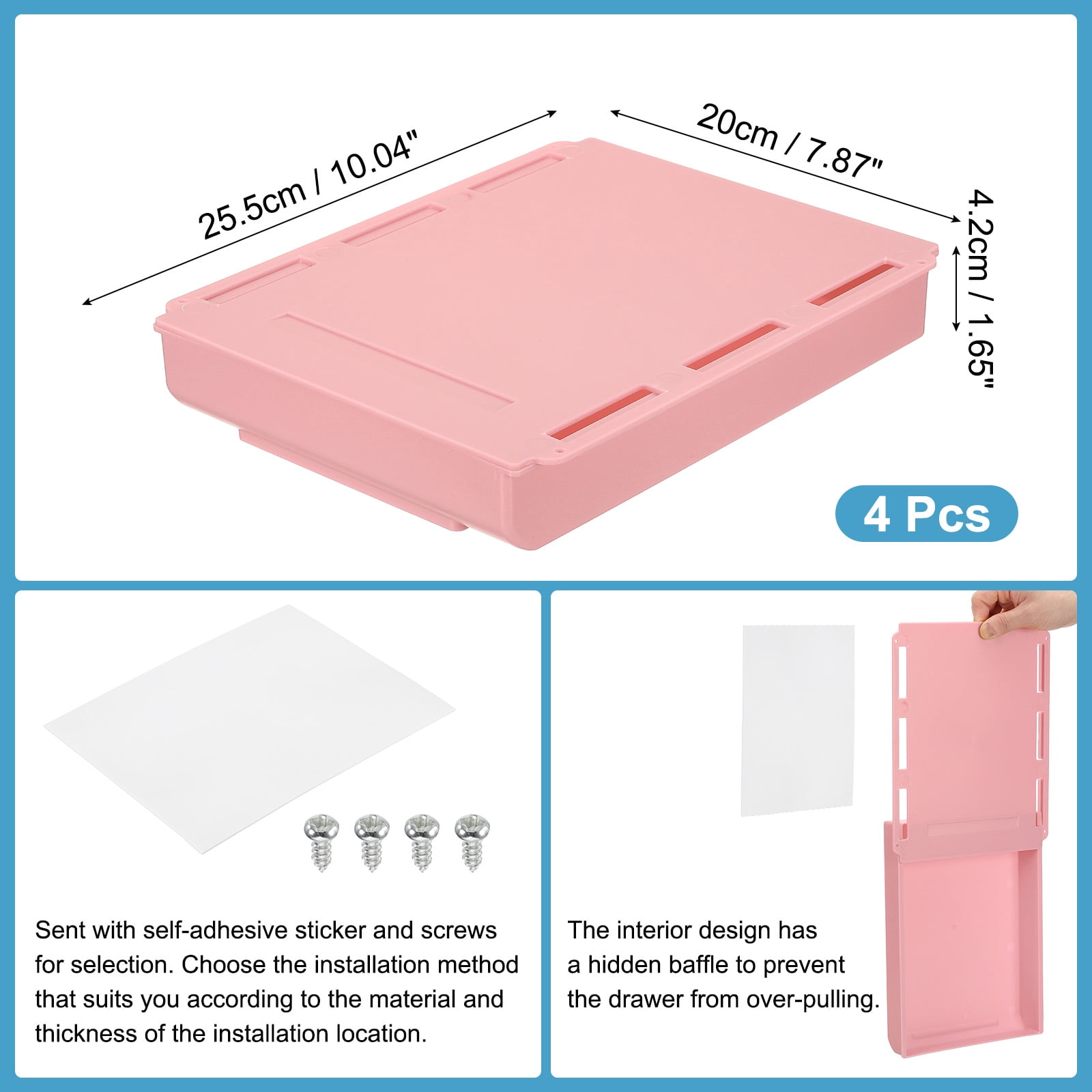 Under Desk Drawer, 4 Pcs Under Table Storage Self-Adhesive Attachment Drawers Organizer for Pens Standing Desk Office Studio Home, Pink, Large