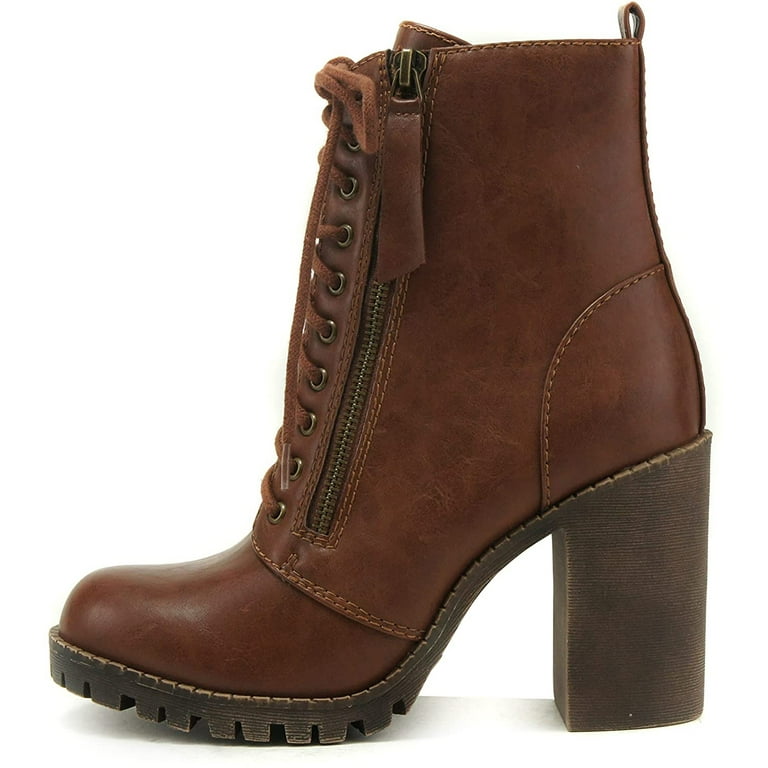 SNJ New Womens Faux Lace Up Chunky Heel Lug Sole Combat Ankle Boot Walmart