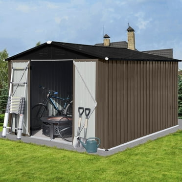 10ft×8ft Outdoor Garden Modern Metal Shed, Waterproof Sturdiness Galvanized Steel Aluminum Pad-lockable Storage Shed with Transparent Plate Utility Tool House, Brown