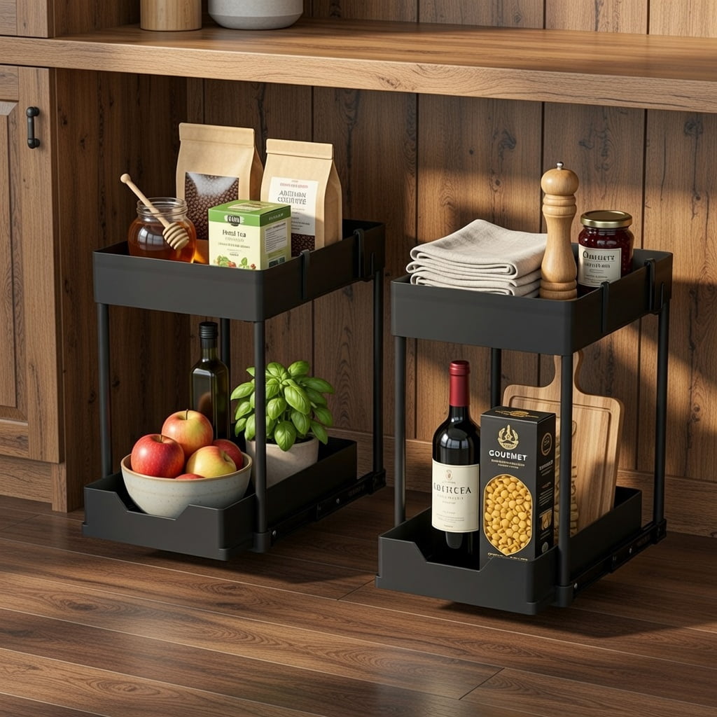 2-Tier Pull-Out Cabinet Organizer Sliding Storage Shelf - Under Sink or Kitchen Cabinet Organizer with Baskets and Hooks