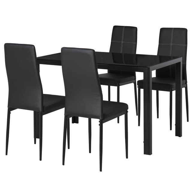 Black 5-Piece Rectangular Glass Dining Table Set with PU Leather Chairs - Compact Kitchen Table for Small Spaces, 47.2" x 27.6"