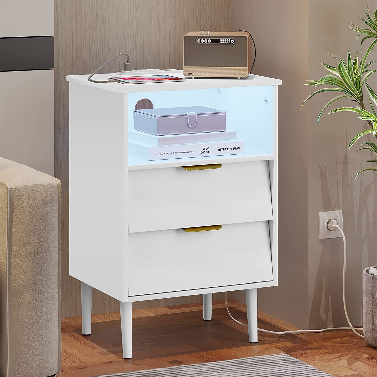 ADORNEVE Nightstand with Charging Station and LED Lights, Modern