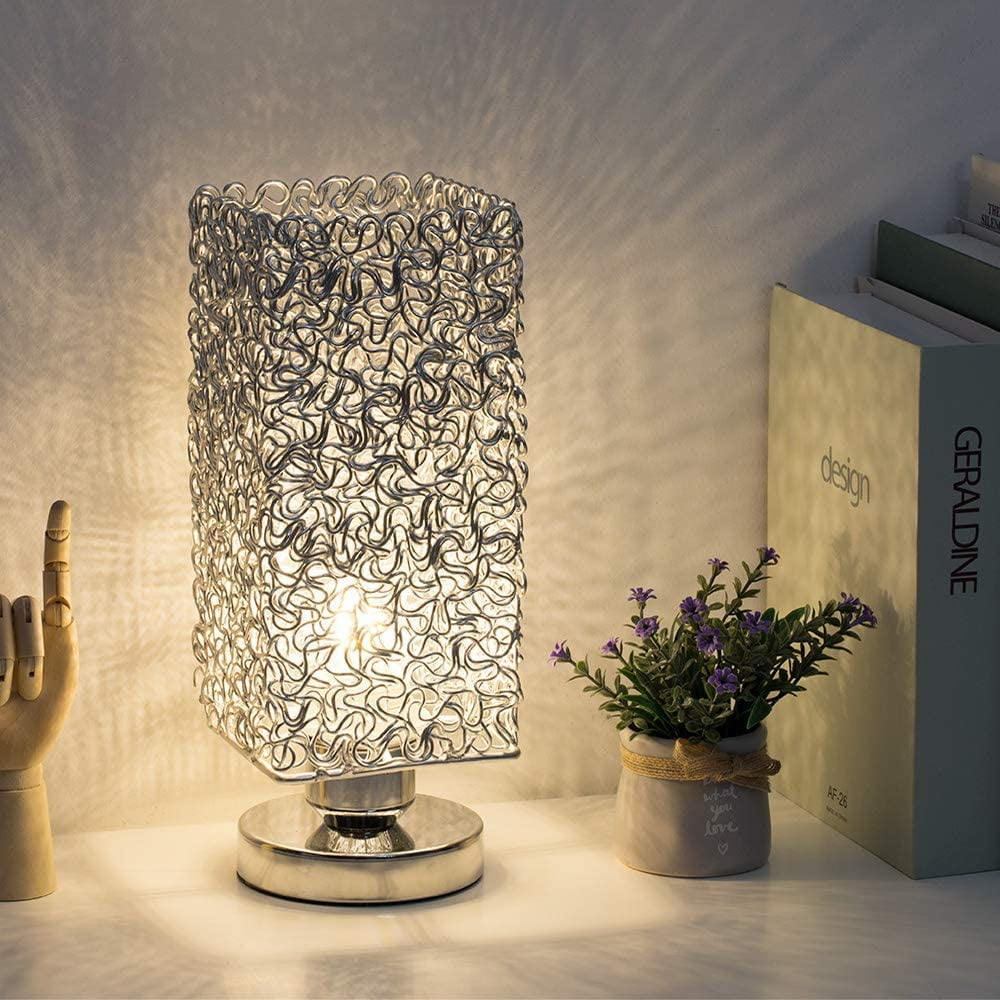 Modern Nightstand Lamp with Square Wiring Shade, Silver