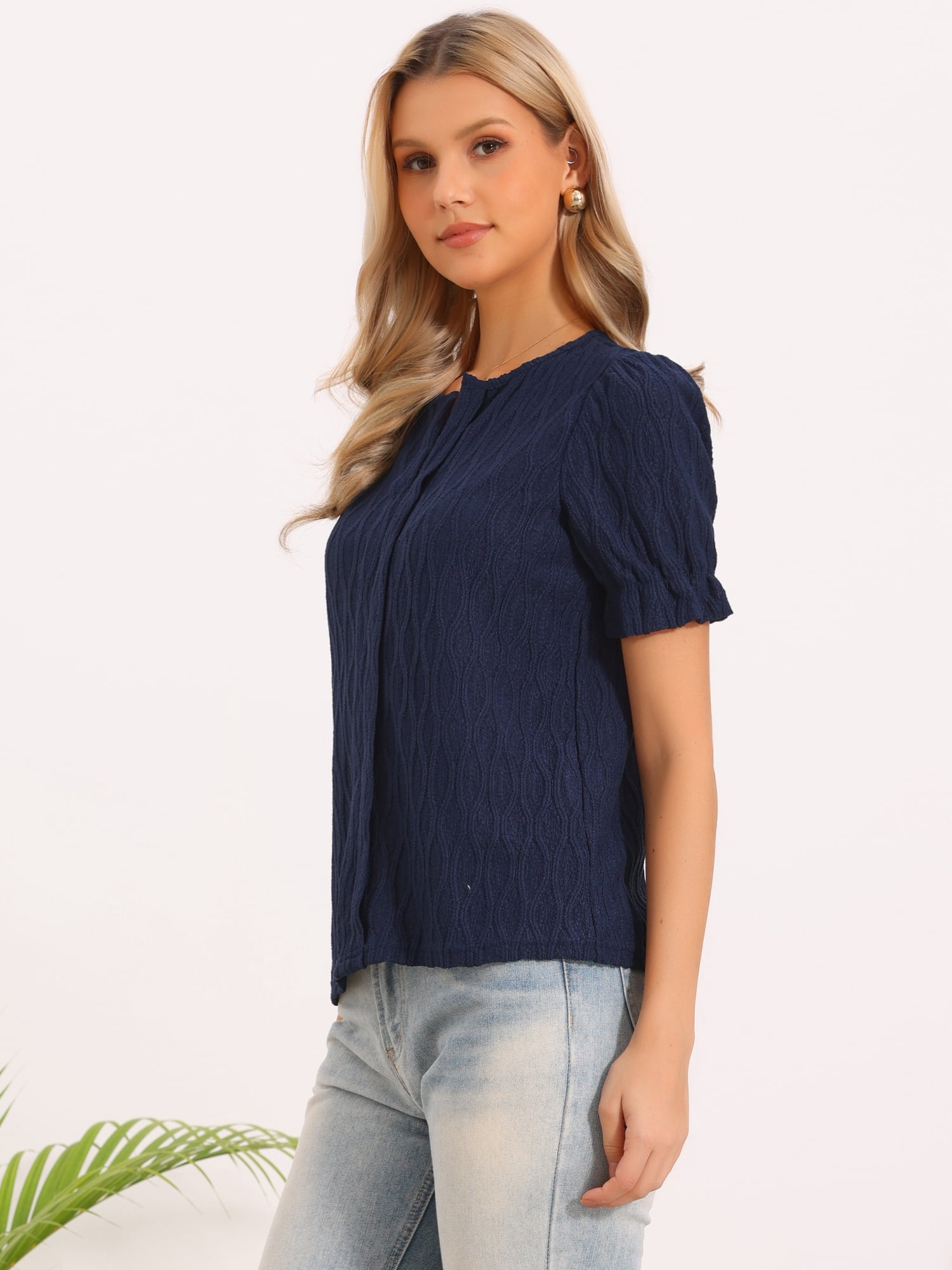DARING DIVA Women's Tops Short Puff Sleeve V Neck Blouse Textured Outfits XS Navy Blue