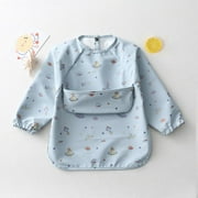 Easy Wear Long Sleeved Bib Baby Toddler Soft PU Bibs Painting Waterproof Meals Protection Washable Easy Clean Smock for Children Blue Universe L (36-54 Months)