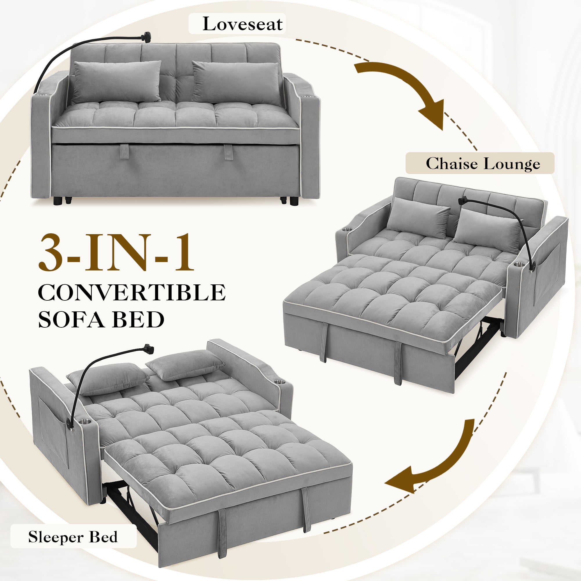 Dinosisco 3-in-1 Convertible Futon Sofa Bed, Loveseat Sleeper with Phone Stand, USB, Gray Velvet