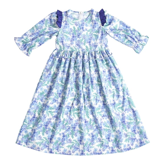 XQYLOS Floral Print Girls Long Sleeve Dress Spring/Summer/Fall Midi Length Smocked Waist Comfortable Play Dress Ruffled Neckline Casual Everyday Outfit