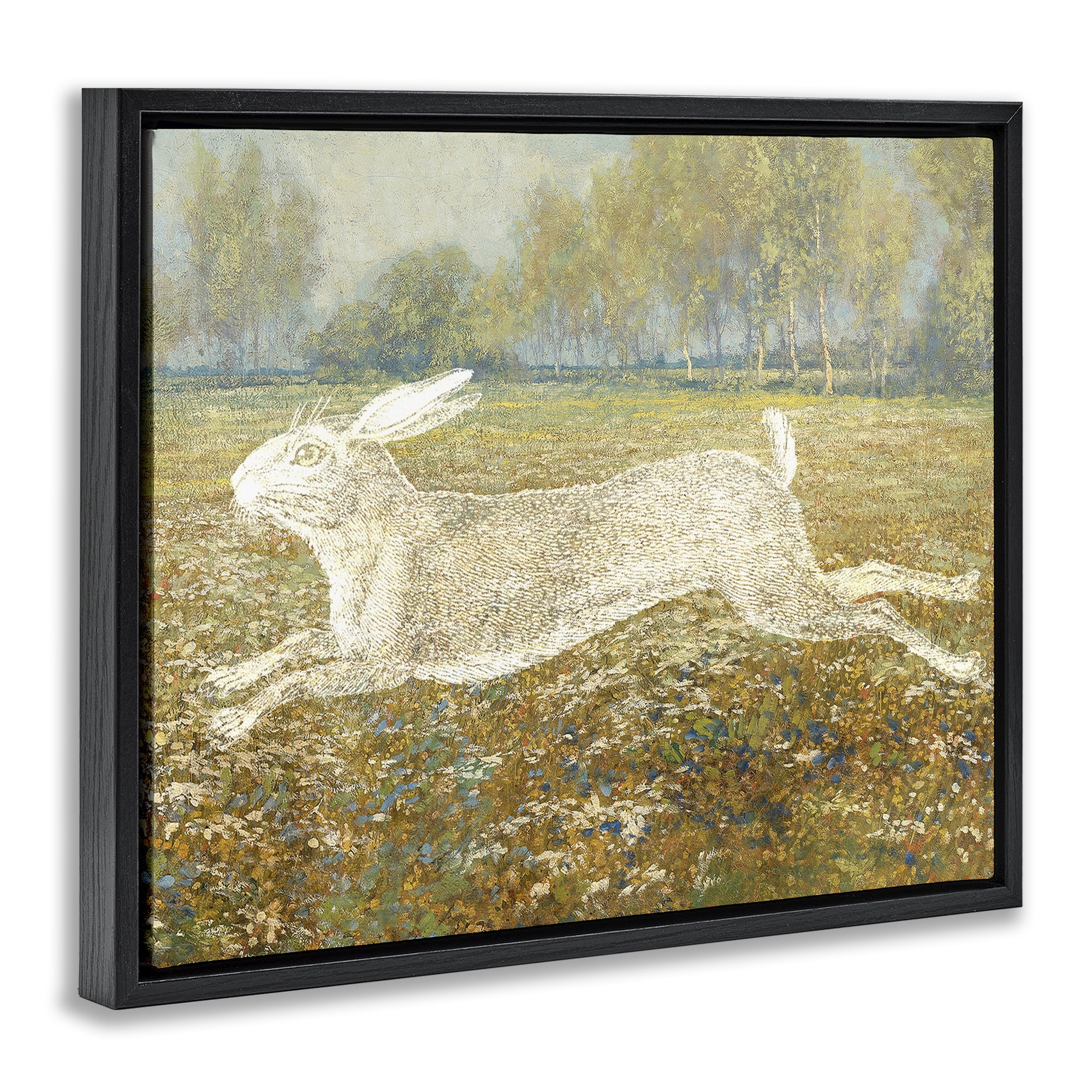 Stupell Industries Impressionist Jumping Hare Landscape & Nature Painting Black Floater Framed Canvas Art Print Wall Art, 21 x 17