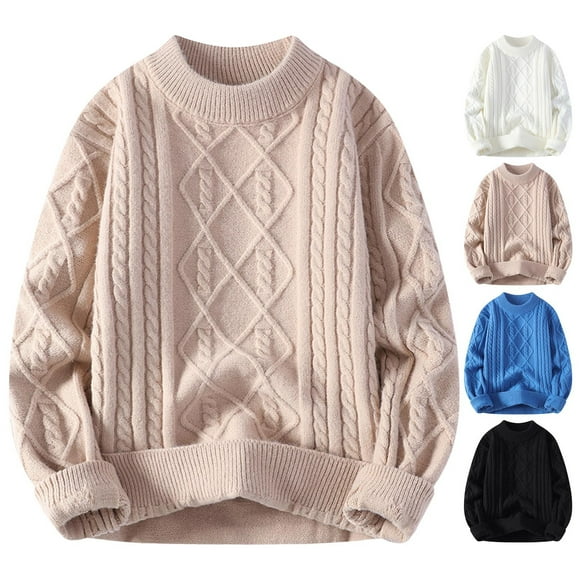 Visit the JURANMO Store Chandail Tricoté pour Hommes Col Rond Texturé Manches Longues Chandail Décontracté Coupe Ample Mode Automne Blanc m