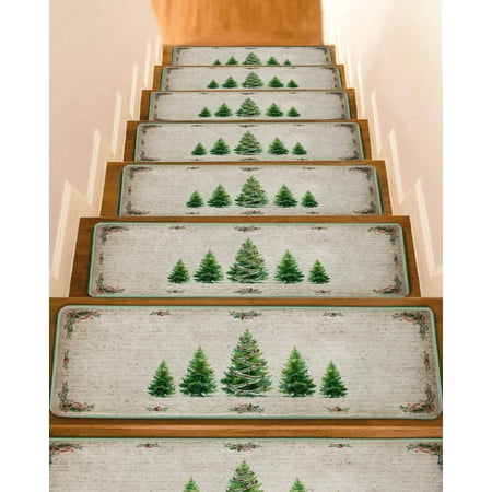 Green Christmas Tree Stair Treads for Wooden Steps Indoor Runner Rug Carpet Xmas Botanical Berry Snowflake 15 Pieces Peel and Stick Staircase Step Treads Covers Washable Throw Door Mats 30 x8