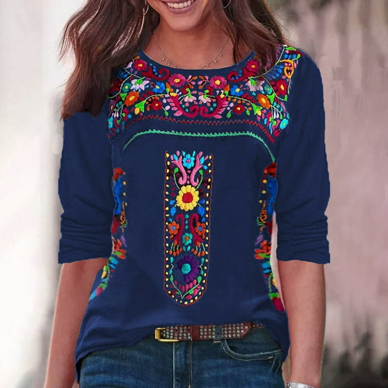 Womens Mexican Style Long Sleeve Tops Retro Floral Printed Womens Mexican Style Long Sleeve Tops Retro Floral Printed