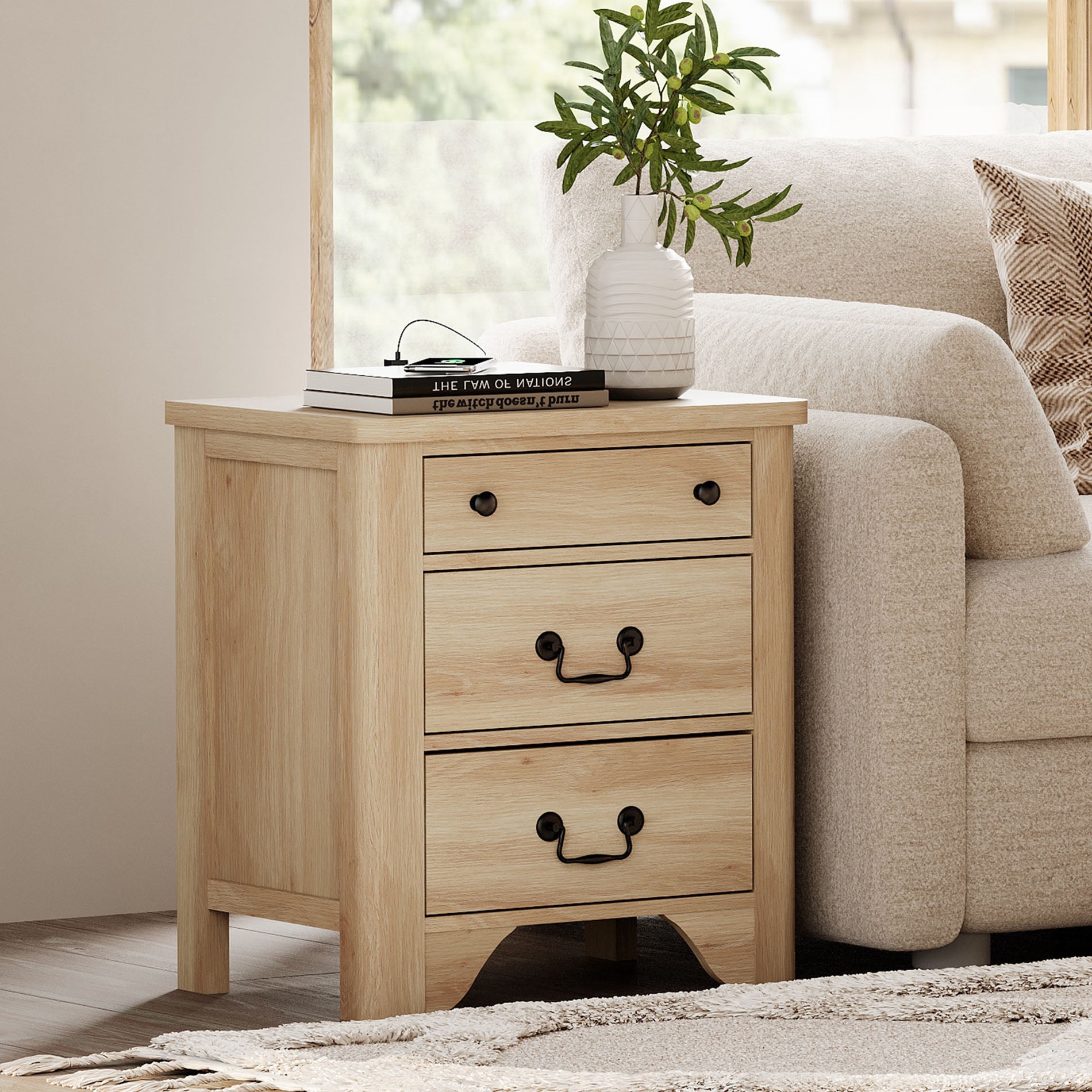 Farmhouse 3-Drawer End Table with Charging Station, Wood Side Table for Living Room, Oak