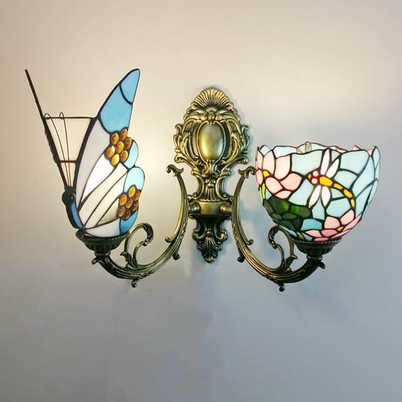 Artistic Style Wall Sconce, Butterfly Stained Glass Bedside Wall Lamp for Living Room Bedroom Bathroom Hallway Decorative ,17