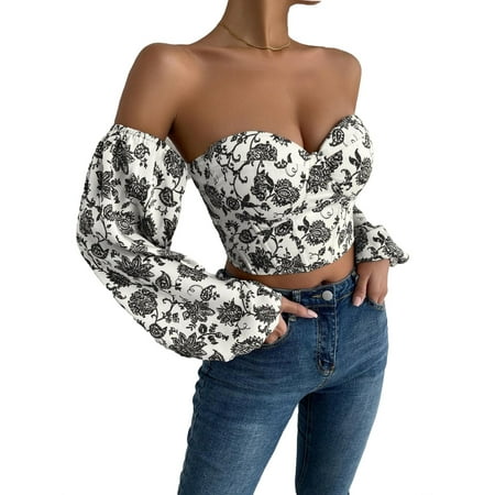 

Womens Blouse Tops Floral Print Off Shoulder Lantern Sleeve Bustier Crop Blouse Black and White L