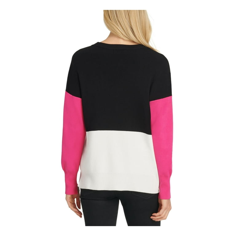 DKNY Womens Black Color Block Long Sleeve Jewel Neck Sweater XS