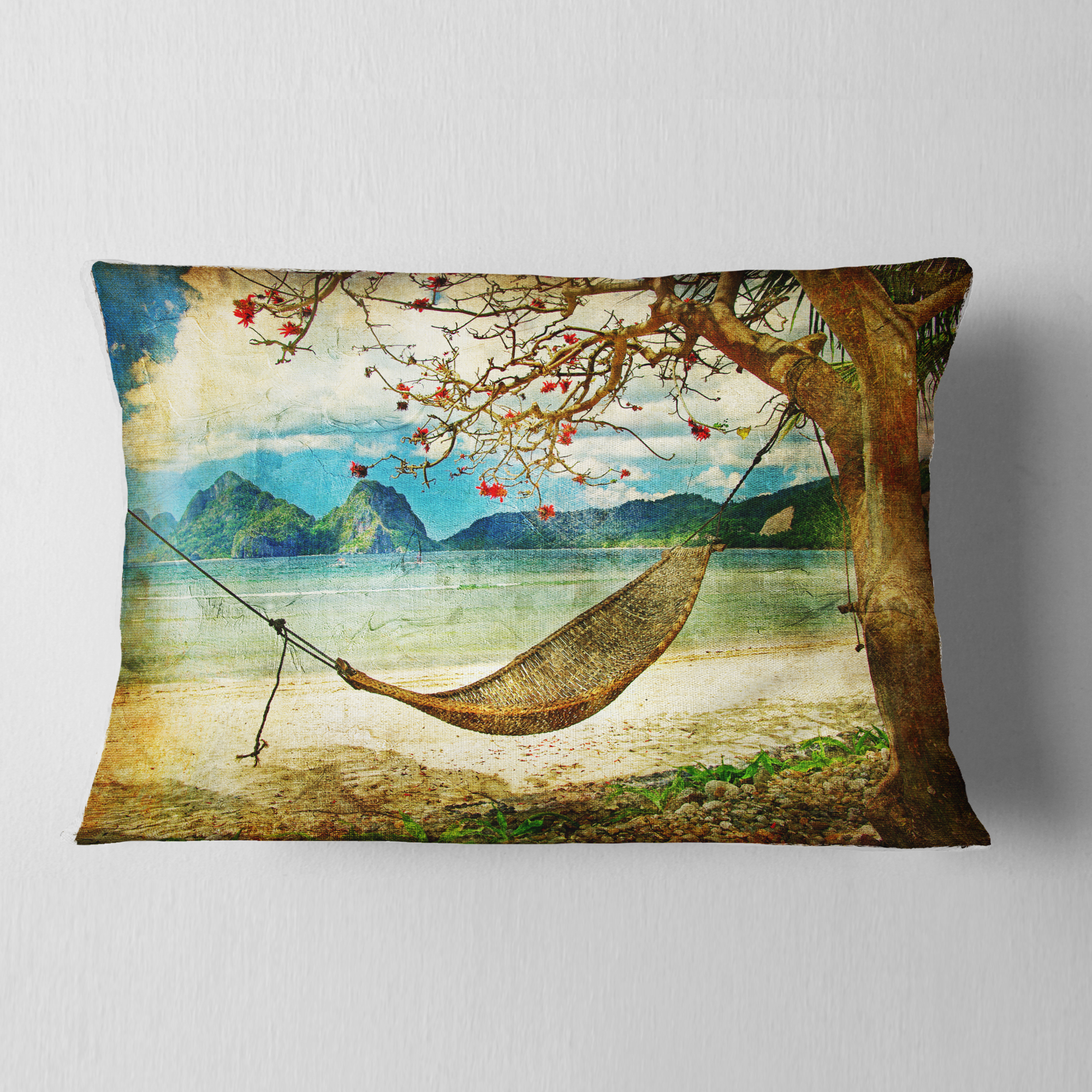 Designart Tropical Sleeping Swing - Digital Art Landscape Printed Throw Pillow - 12x20
