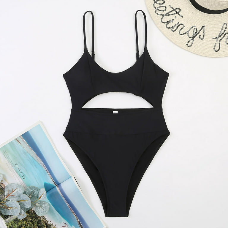 Finelylove Swimsuit Women Tummy Concealing Cut-Out Bra Style Bikini Black S