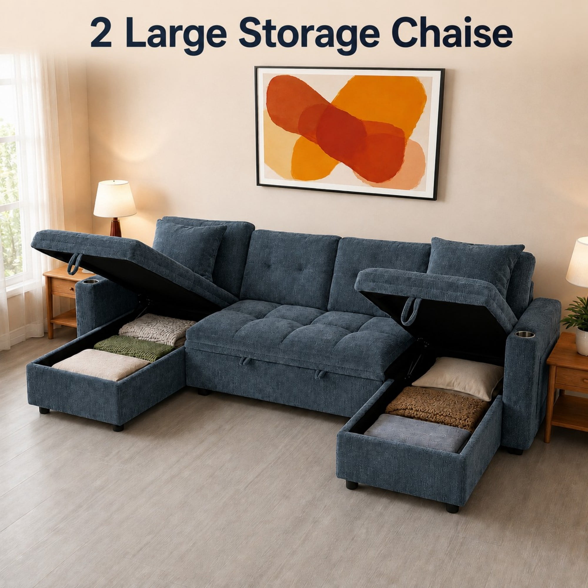 DEALTOPS 108" Chenille U-Shaped Sectional Pull Out Sleeper Sofa Bed with Storage Chaise, USB & Tray Table, Blue