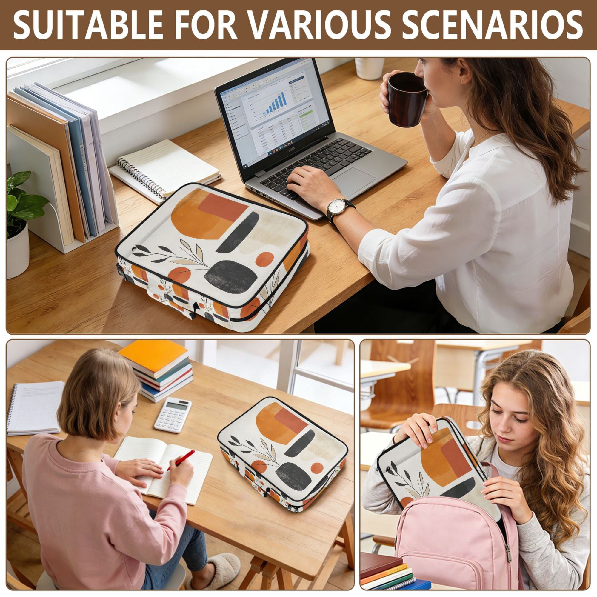 FORMRS Accordion File Folder A4 Size 7-Pocket Expanding Document Organizer Bag with 3 Ring Binder, White Abstract Shapes
