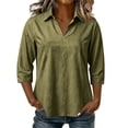 thumbnail image 6 of Women 3/4 Length Sleeve Shirts Lapel V Neck Solid Color Summer Tops Soft Cotton Casual Loose Fit T-Shirts (XL, Army Green), 6 of 7