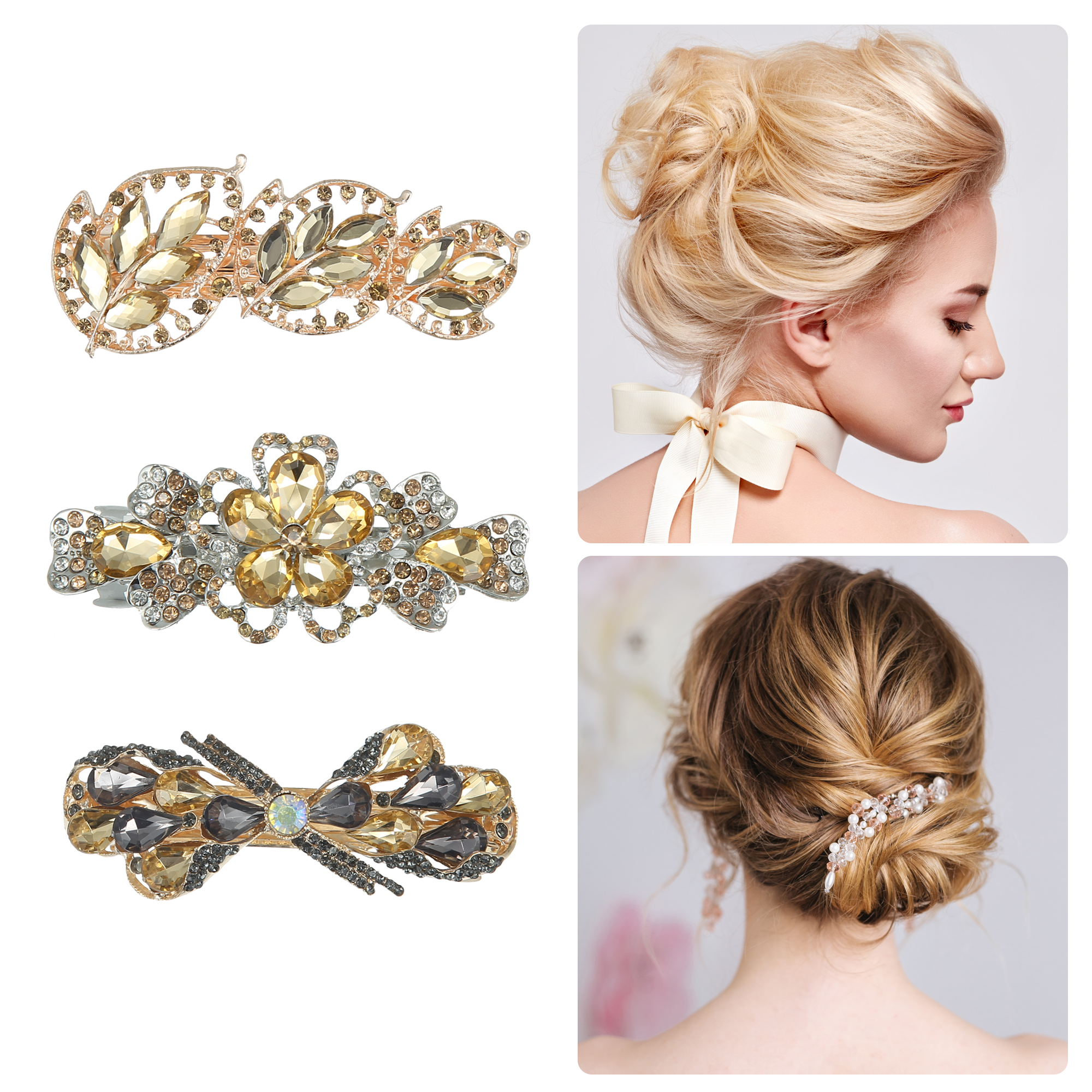Unique Bargains 3 Pcs Hair Barrettes, Vintage Shining Rhinestone Flower Hair Accessories