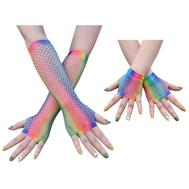 Guantes de rejilla KAIYANG arcoíris largos y cortos elásticos accesorio para fiesta de disfraces de los 80