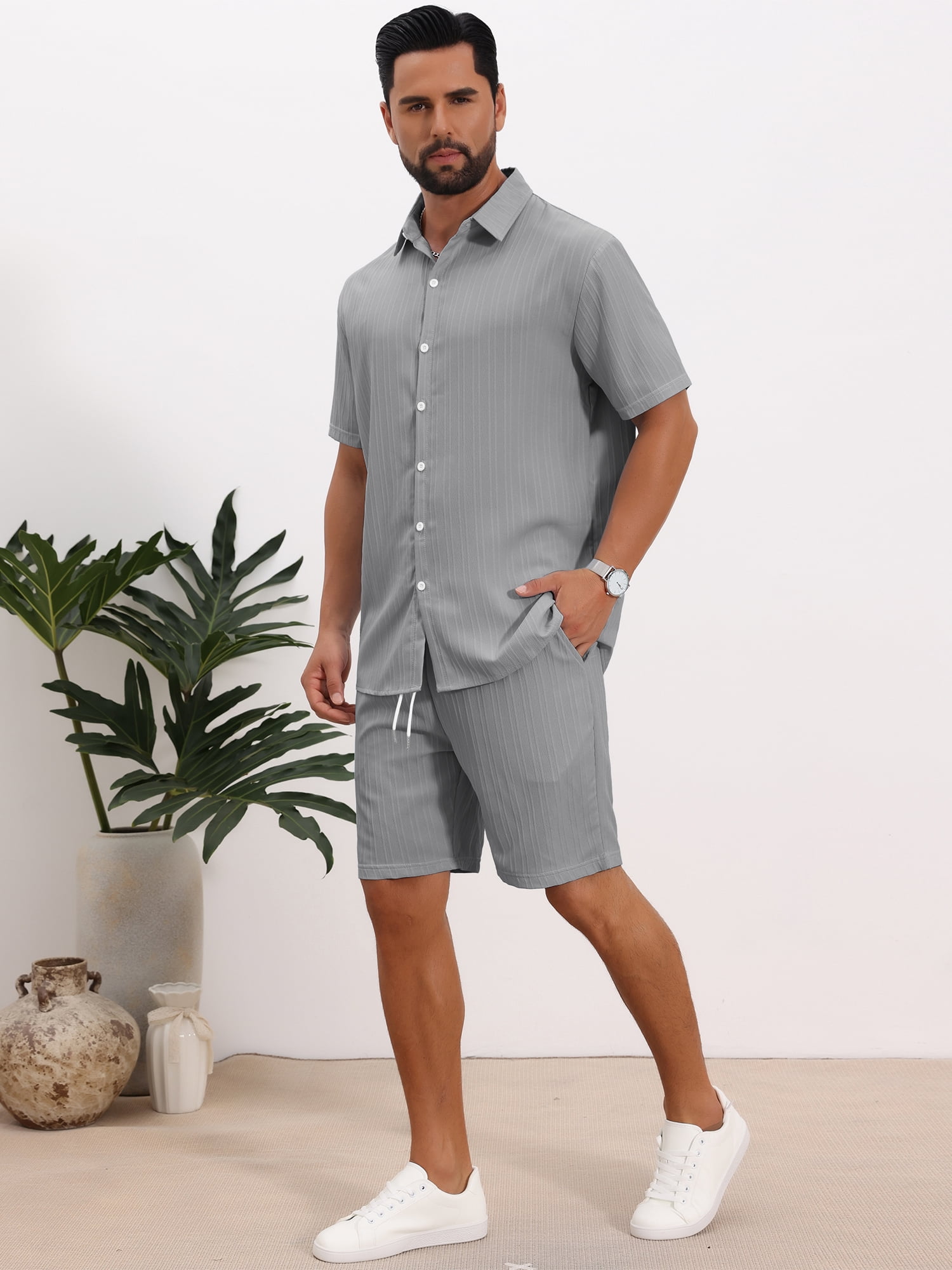 DARING DIVA Men's 2 Pieces Beach Shirt & Shorts Striped Textured Outfits 3XL Gray
