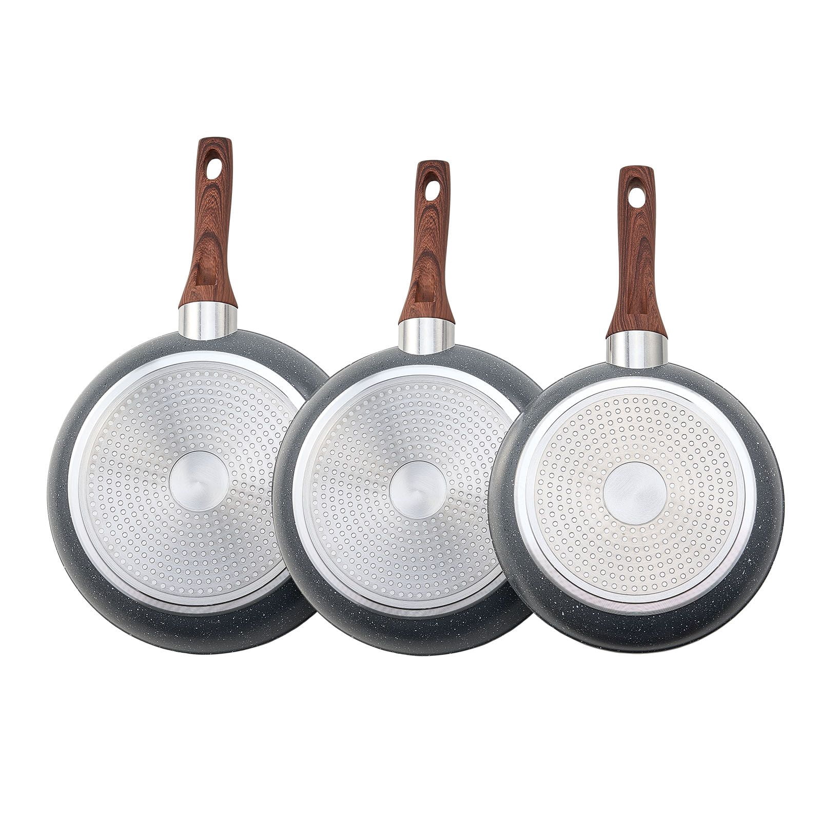 3-Piece Aluminum Skillet Set with Dot-Textured Nonstick Interior, 9.5/11/12 Inch, Bakelite Handle, Induction Compatible