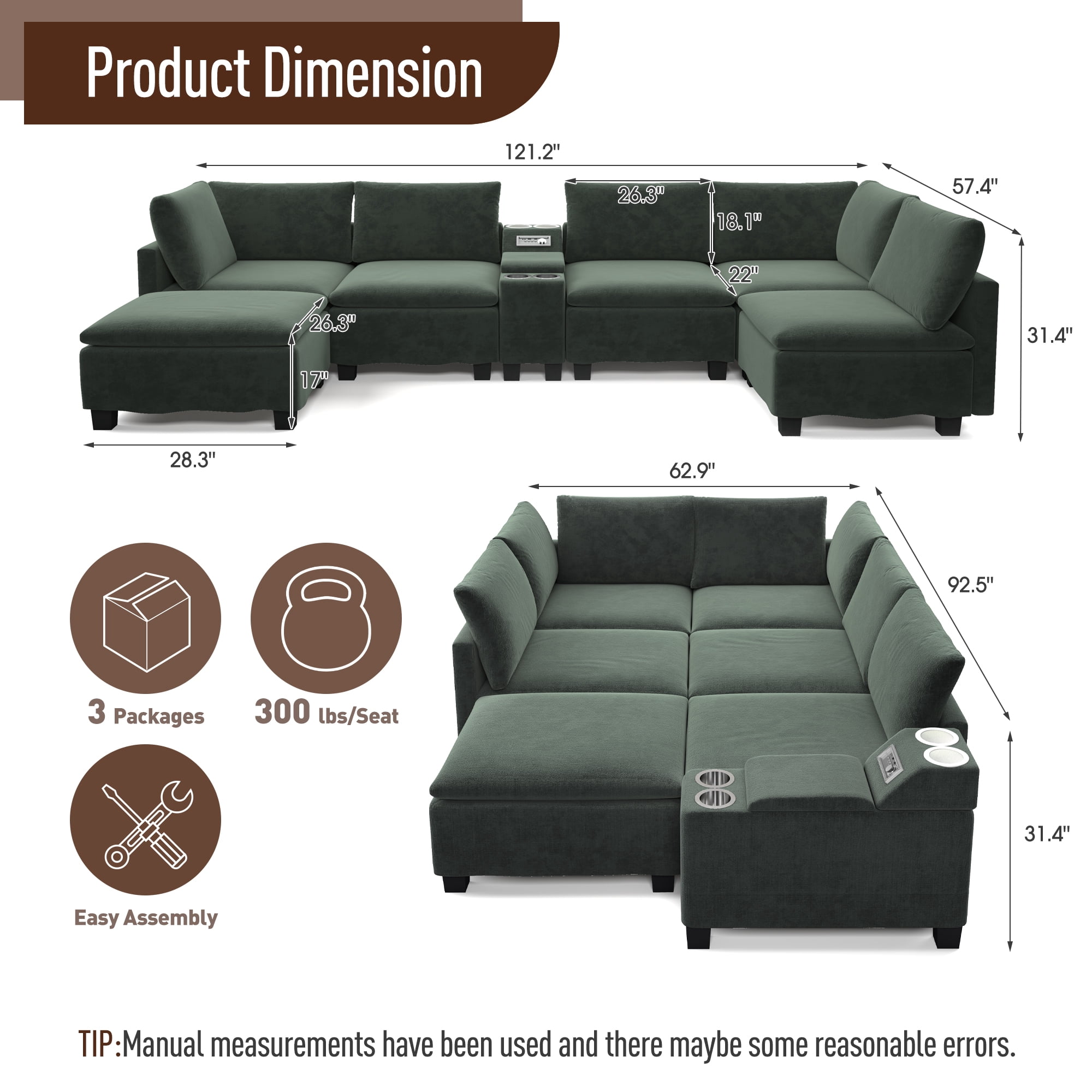 Howcool 121.2" Modular U-Shaped Sectional Sofa, 6-Seat Cloud Couch with Movable Ottoman, Convertible Sofa Bed, Chenille Couch with USB Charging, Cup Holders & Bluetooth Speaker for Living Room, Green