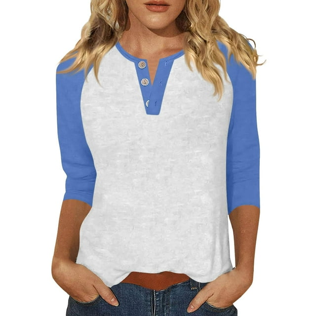 ManxiVoo Haut Décontracté pour Femmes Col en V Manches 3/4 avec Boutons et Manches Raglan pour L'Été Taille G Bleu Ciel