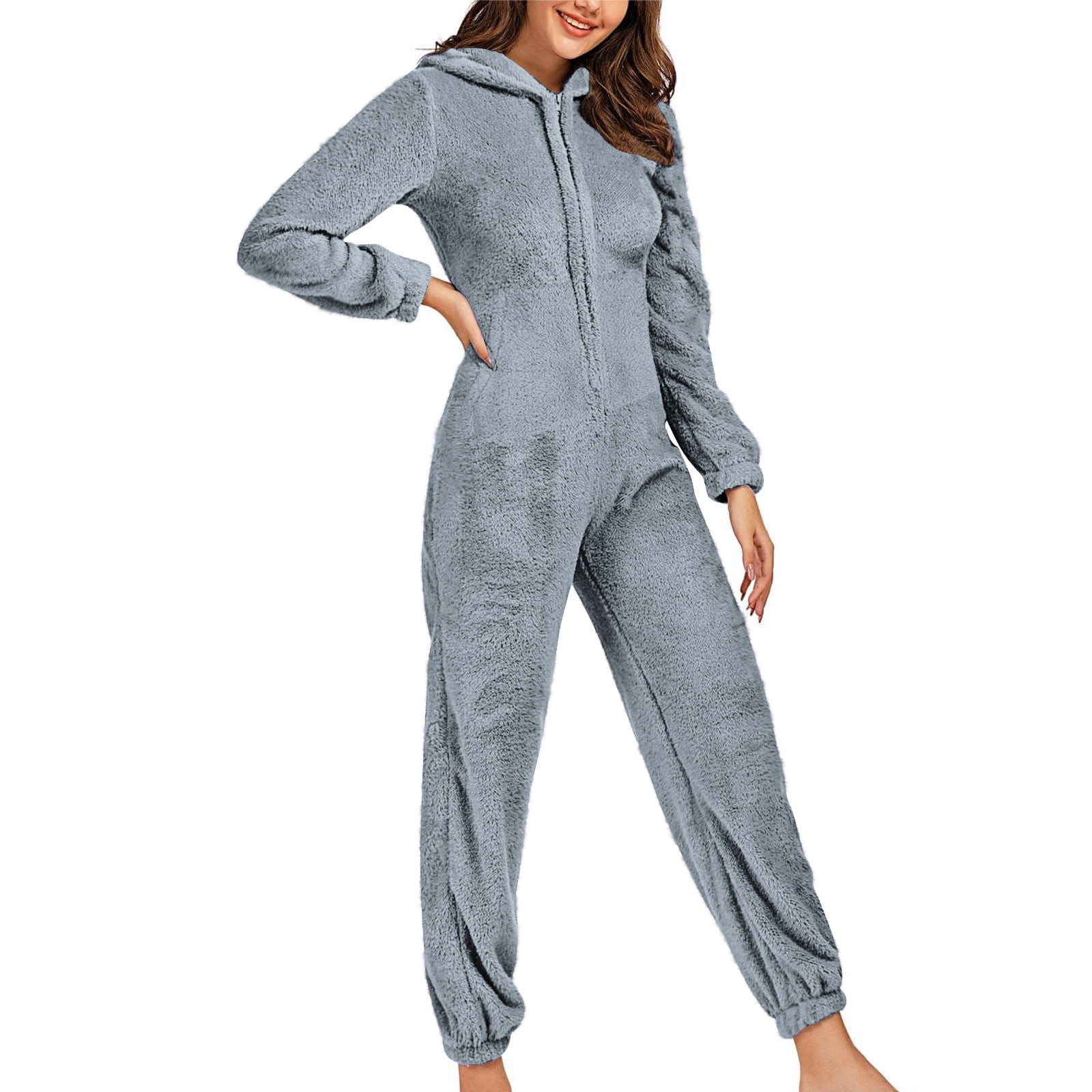Xdegoge Fleece Jumpsuit Women Fuzzy One Piece Romper Zipper Long Sleeve Teddy Ears Jumpsuits Winter Warm Lounge Pajamas Loungewear with Pockets