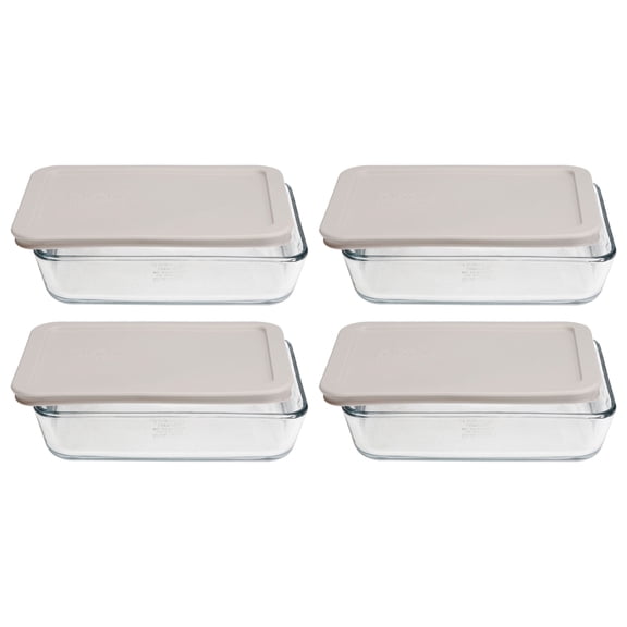 Pyrex 7210 3-Cup Glass Dish & 7210-PC Warm Stone Gray Food Storage Lid (4-Pack)