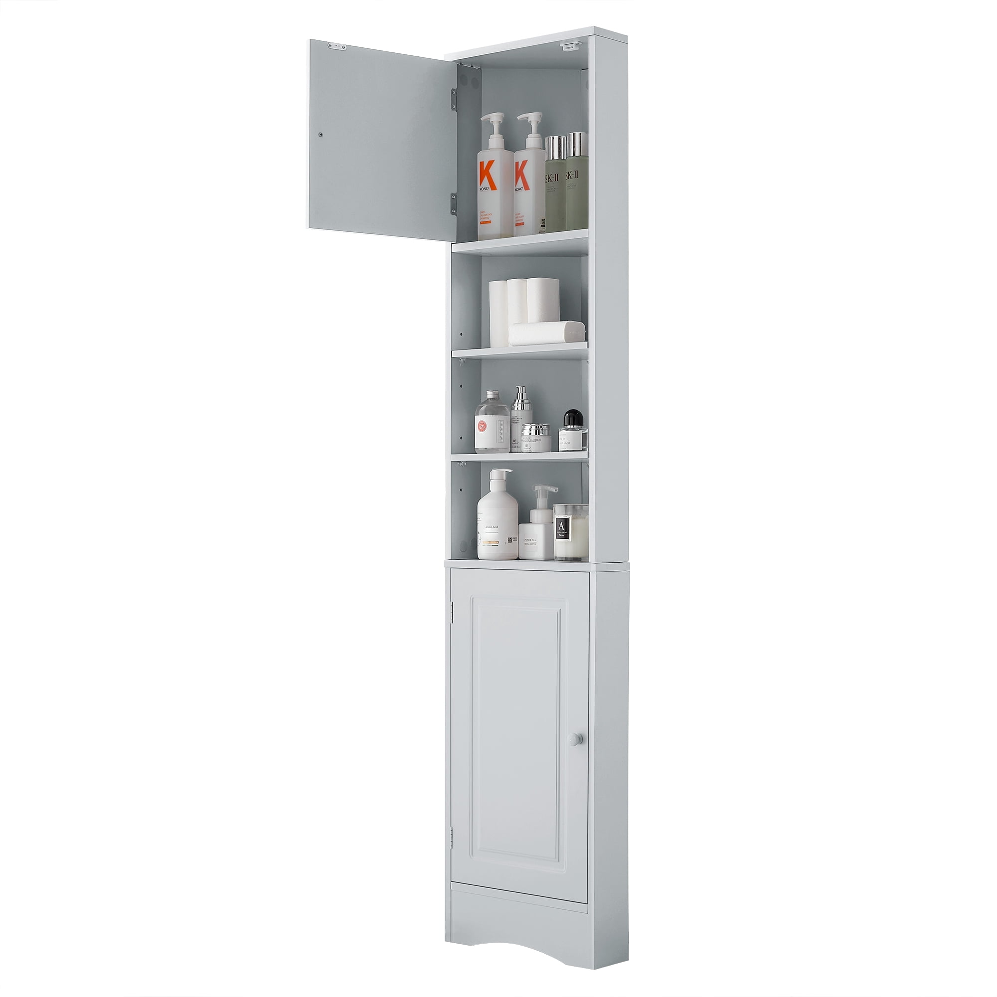 Tall Corner Bathroom Storage Cabinet with Two Doors and Adjustable Shelves, Gray