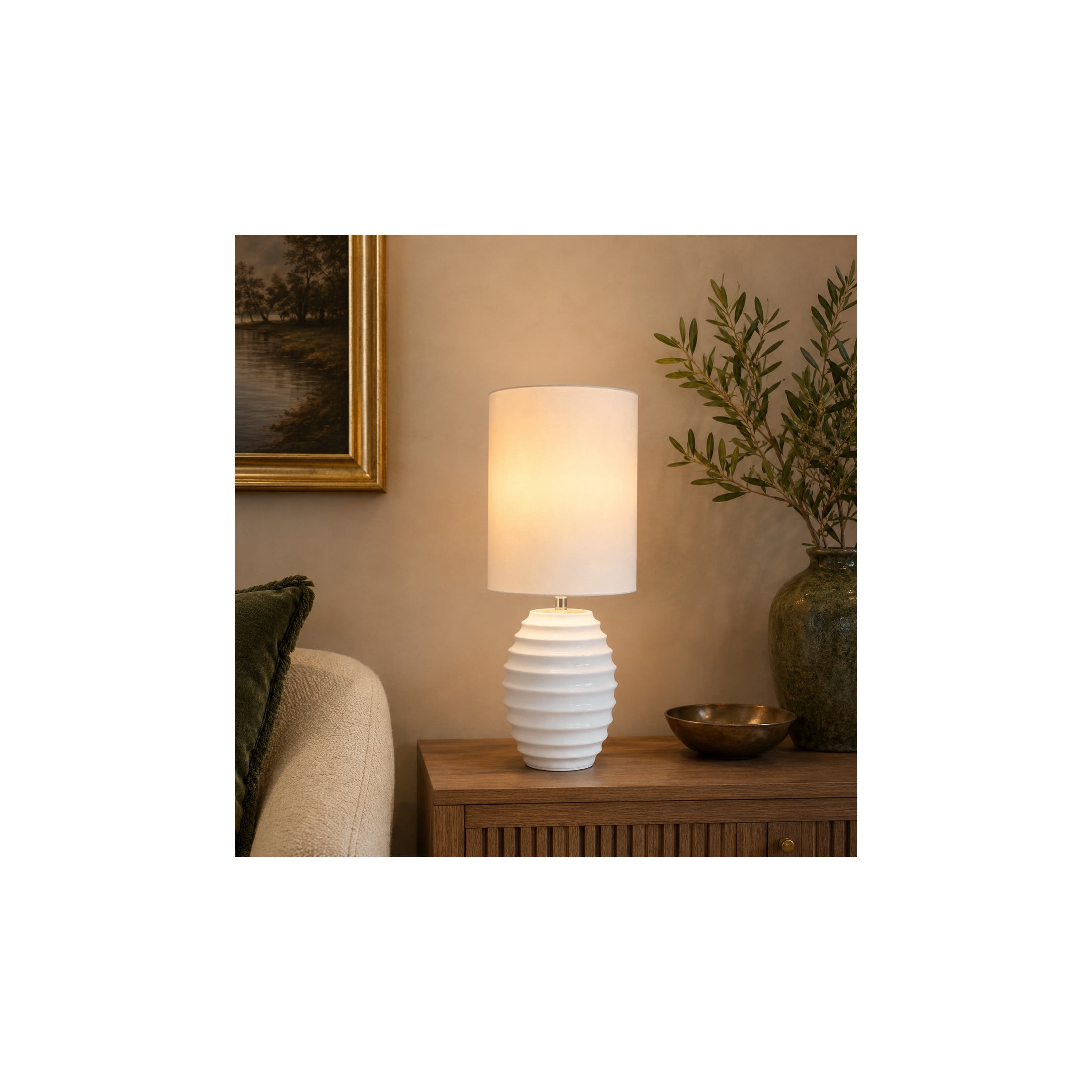 DecMode 24" Handmade Ribbed White Table Lamp with White Linen Shade