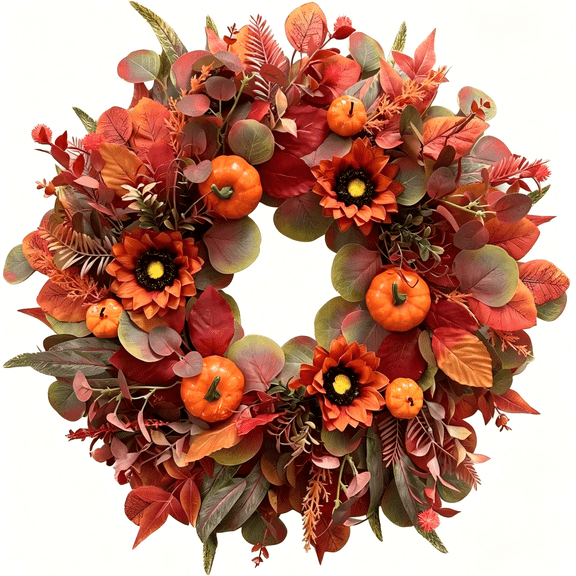 Fall Wreath for Front Door-22 Inch Artificial Autumn Harvest Wreath with Sunflowers, Pumpkins, Burgundy Leaves & Eucalyptus for Porch Wall Indoor Outdoor Decor
