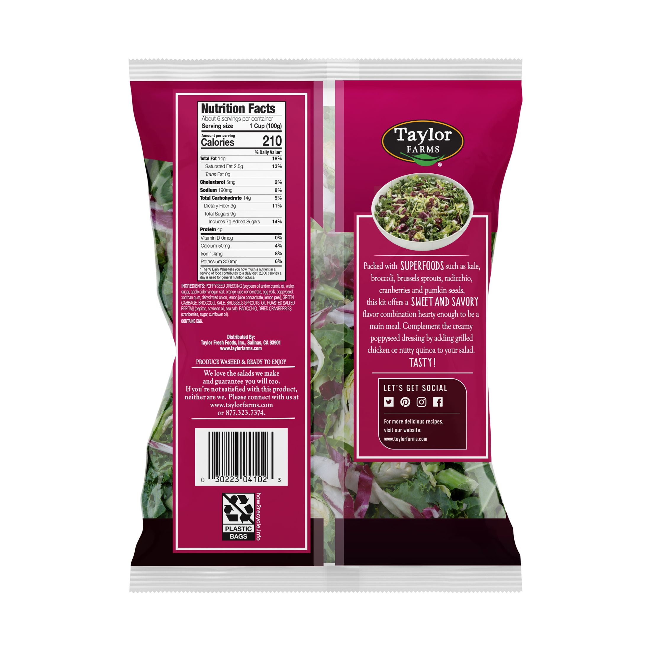 Taylor Farms Family Size Sweet Kale Chopped Salad Kit, 22oz, Fresh, Vegetarian, Gluten Free