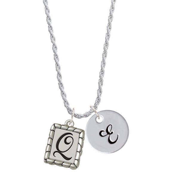 Delight Jewelry Silvertone Pebble Border Initial - Q Silvertone Script Initial Disc - E - Charm Necklace, 20"+3"