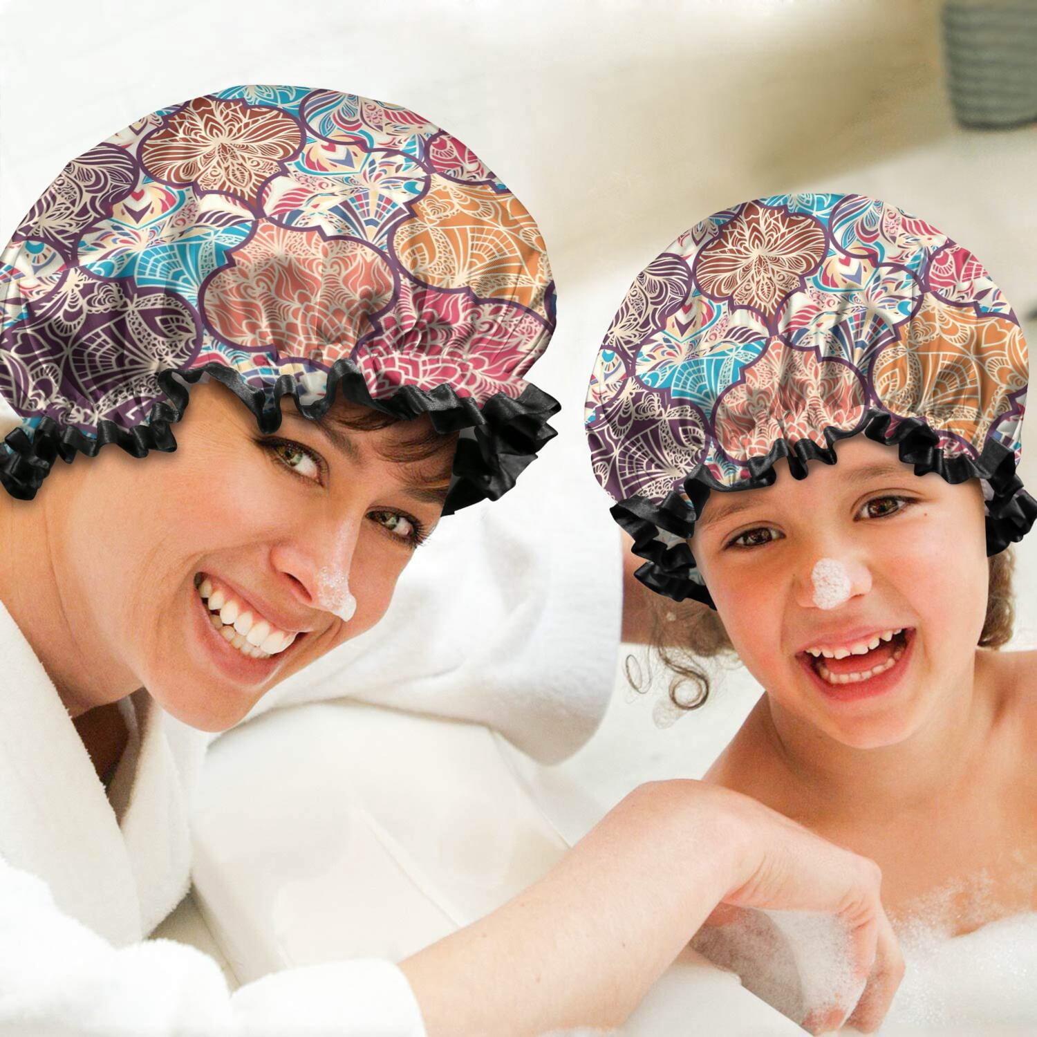 Shower Caps,Multicolor Ethnic Geometric Pattern Waterproof Shower Cap for Women 4 Pieces,Double Reusable Hair Cover for Shower PEVA Elastic Stretch Hem