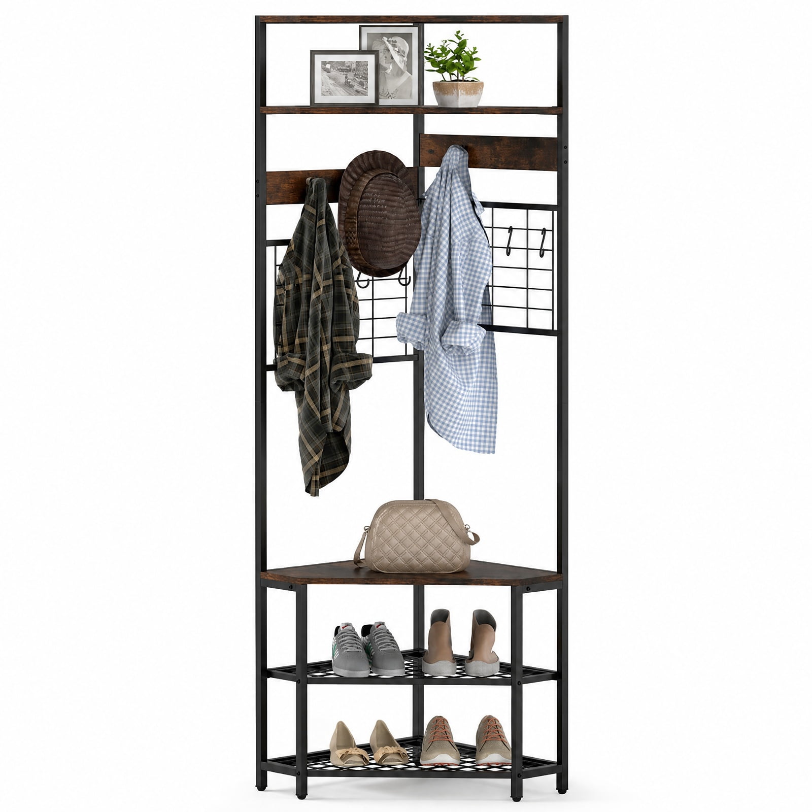 Furnibear 5 Tier Corner Hall Tree with Shoe Storage Bench and Coat Hooks for Entryway and Hallway and Bedroom, Rustic Brown