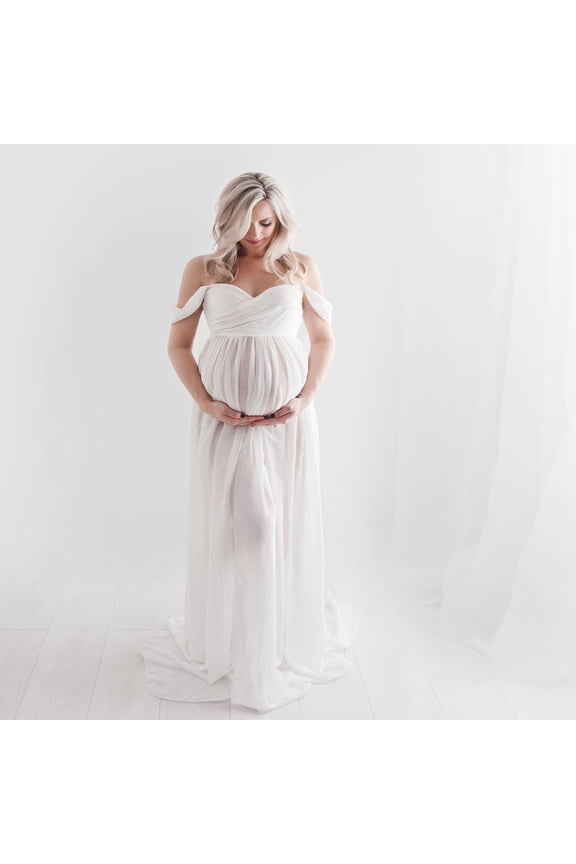 Reduce PriceKojanyu Womens Maternity Dresses,Women off Shoulder Pregnants Sexy Photography Ruffled Nursing Long Dress/White M