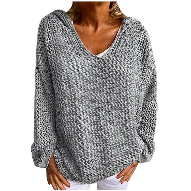 Gibobby Suéter casual mujer, Suéter casual de manga larga con cuello en V para mujer, estilo clásico(Gris,XG)