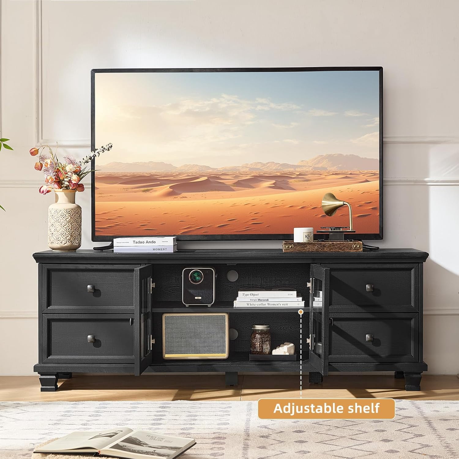 LELELINKY Wood 3-Piece Table Sets Includes TV Stand, Coffee Table, and 2 End Tables Home Accent Furniture for Living Room, Black